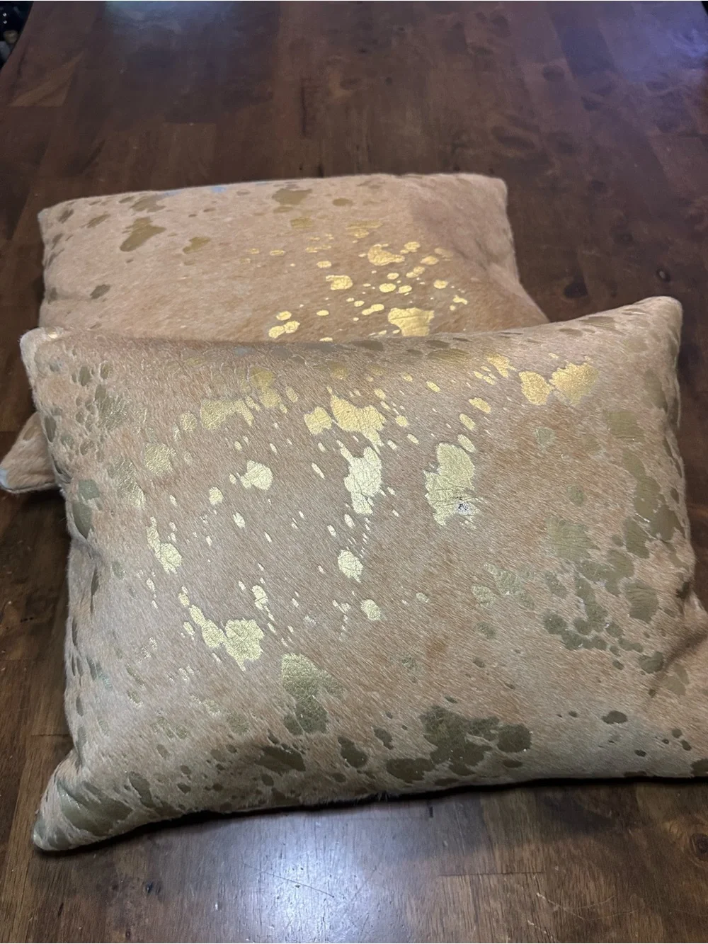 Williams Sonoma Tan and Gold Accent Throw Pillow 100 leather calf hair